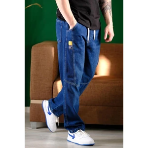 Erkek Lacivert Bel Lastikli Bağcıklı Baggy Fit Jean Pantolon