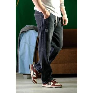 Erkek Koyu Füme Bel Lastikli Bağcıklı Baggy Fit Jean Pantolon