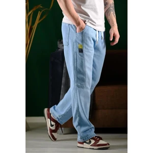Erkek Mavi Bel Lastikli Bağcıklı Baggy Fit Jean Pantolon