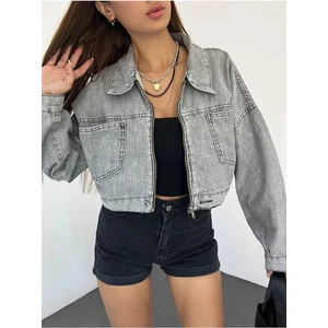 Fermuarlı Crop Kot Ceket