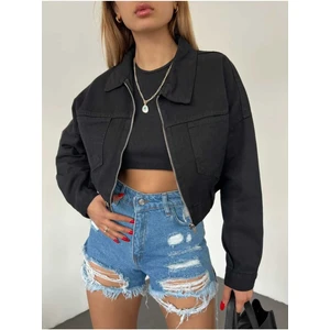 Fermuarlı Crop Kot Ceket