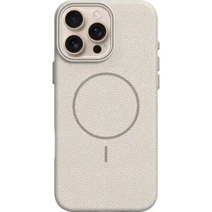 iPhone 15 Pro Max Uyumlu Kılıf Deri Desen M-Safe Özellikli Lichee Silikon Krem