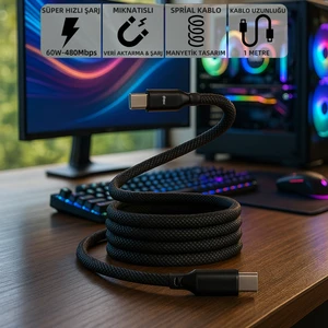 Mio SC1000 USB-C 60W Mıknatıslı Hızlı Şarj Kablosu Huawei, Samsung, Oppo, Xiaomi, iPhone-Siyah