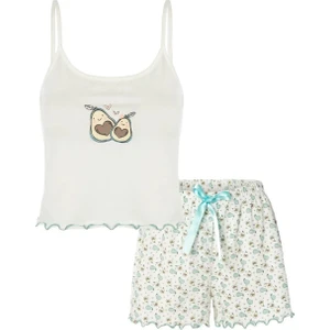 Kadın İnce Askılı Baby Overloklu Avokado Desenli Crop Top Şortlu Pijama Takımı