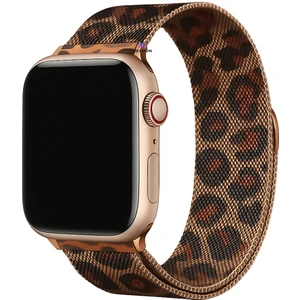 Apple Watch 10 9 8 7 6 Ultra Se Uyumlu 42 44 45 46 49MM Leopar Desenli Mıknatıslı Metal Hasır Kordon