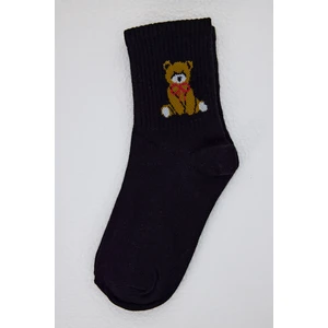 Siyah Ayı Desenli Örme Soket Çorap 1214