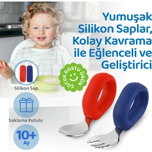 Bebek Çatal Kaşık Seti, Paslanmaz Çelik, Silikon Saplı, Mavi Kırmızı