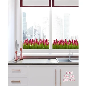 Pembe Lale Desenli Şeffaf Malzeme Çift Yönlü Cam Sticker - Cam Süsü Dekorasyonu, Pencere Dekoru