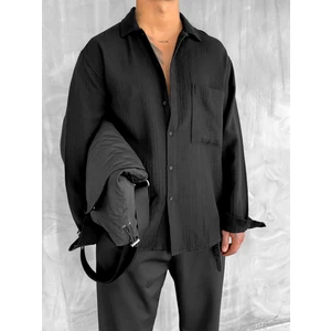 Abluka Online Oversize Fit Uzun Kollu Müslin Gömlek Siyah