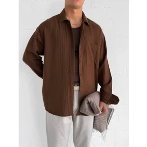 Abluka Online Oversize Fit Uzun Kollu Müslin Gömlek Kahverengi