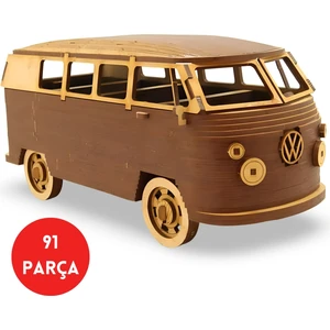 Volkswagen T1 Ahşap Model Araba - Retro Vw Minibüs Maketi - 91 Parça Ahşap 3D Kit
