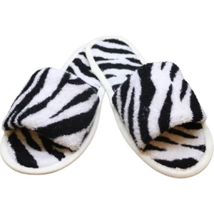 Zebra Baskılı Havlu Terlik Kaymaz İnce Taban - Zebra Baskılı- Beyaz Biyeli-36-38