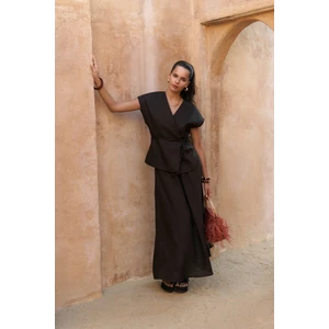 Fiametta Salaş Acı Kahve Keten Yelek Etek Takım