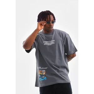 Defy Moda Unisex Bisiklet Yaka Baskılı Oversize T-Shirt - Gri