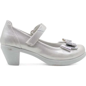 Fiyonklu Topuklu Kız Çocuk Babet Ayakkabı Gümüş