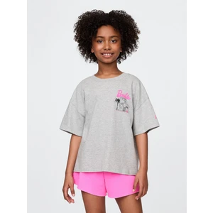 Kız Çocuk Açık Gri Barbie Oversized Grafik Baskılı T-Shirt