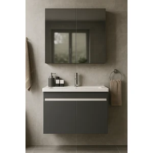 DMZ Home Concept Arista 80 cm Antrasit Renkli Mdf, Seramik Lavabolu, Alt ve Üst Dolaplı, Üst Dolap Aynalı, Banyo Dolabı takımı