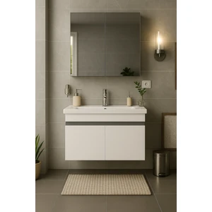 Dmz Home Concept Arista 80 cm Beyaz Renkli Mdf, Seramik Lavabolu, Alt ve Üst Dolaplı, Üst Dolap Aynalı, Banyo Dolabı Takımı