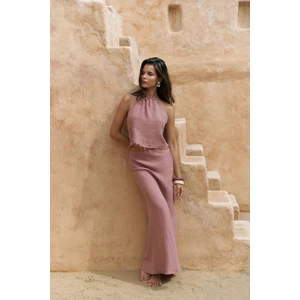 Malmvira Açık Bordo Keten Crop Etek Takım