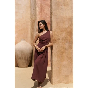 Mharia Asimetrik Detay Bordo Uzun Keten Elbise