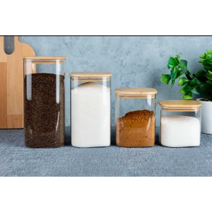 4 Lü Bambu Vakum Kapaklı Borosilikat Cam Kare Çay Şeker Tuz Kahve Bakliyat Erzak Kavanoz Seti