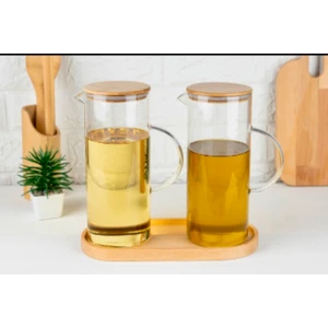 Bambu Standlı 2’li Borosilikat Cam 1500 ml Büyük Boy Yağdanlık Yağlık Seti
