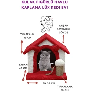 Deluxe Kedi Evi Kulak Figürlü Oyun Evi Tırmalama Pufu Ahşap Gövde Havlu Kaplama