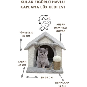 Deluxe Kedi Evi Kulak Figürlü Oyun Evi Tırmalama Pufu Ahşap Gövde Havlu Kaplama