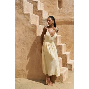 Eara Askılı Sarı Uzun Keten Elbise