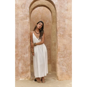 Eara Askılı Beyaz Uzun Keten Elbise