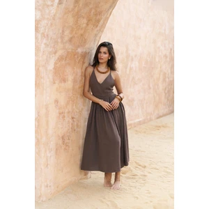 Eara Askılı Soft Kahve Uzun Keten Elbise