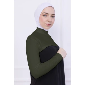 Balıkçı Yaka Boyunluklu Kolluk Haki Yeşil - Likralı Dik Yakalı Kadın Body Tesettür Crop Bolero