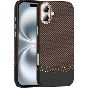 iPhone 16 Kılıf Magsafe Şarj Özellikli Karbon Fiber Görünümlü Klfs Gros Kapak - Gold-Siyah