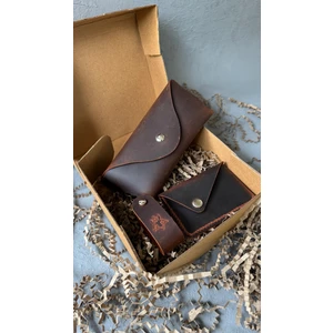 Oh Deer Leather Hediye Kutusu 3’lü Set | Hakiki Deri Gözlük Kabı + Kartlık + Anahtarlık | Şık Kutulu