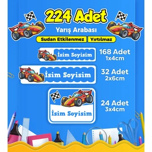 Yarış Arabası Temalı Okul Kreş Kişiye Özel Isim Etiket Seti - Model 295