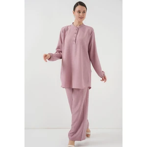 6678 Keten Tunik Pantolon Ikili Takım - Gül Kurusu