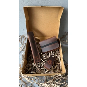 Oh Deer Leather Hediye Kutusu 3’lü Set | Hakiki Deri Kartlık + Anahtarlık + Kalemlik | Şık Kutulu