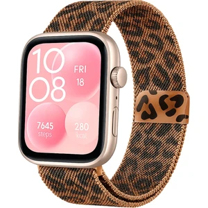 Huawei Watch Fit 3 Uyumlu Leopar Desenli Paslanmaz Metal Hasır Milano Kordon
