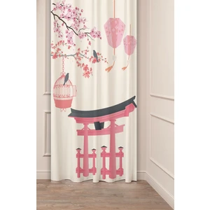 Sakura Çiçek Kuş Bohem Japonya Bej Pembe Desenli Özel Tasarım Dijital Baskılı (Tek Kanat) Fon Perde