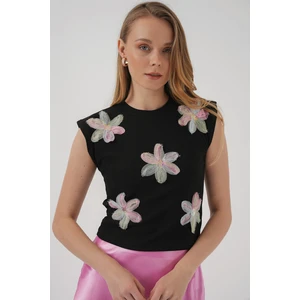 930 Kısa Kol Desenli Crop Bluz - Siyah