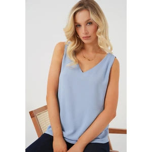 V Yaka Sıfır Kol Bluz 950 - Mavi