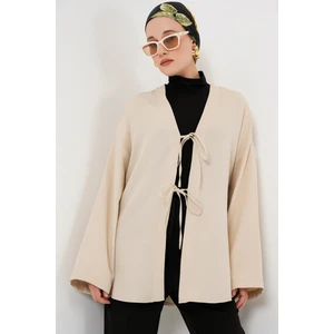 Keten Tesettür Kimono Orta Kalınlıkta Krem Renk Kadınlar İçin Şık Tasarım 5968 - Krem