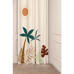 Bohem Palmiye Yaprak Güneş Sade Soft Bej Desenli Özel Tasarım Dijital Baskılı (Tek Kanat) Fon Perde
