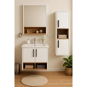 Dmz Home Concept Legna 65 cm Beyaz-Ahşap Renkli Mdf, Seramik Lavabolu Alt - Üst ve Boy Dolaplı Banyo Dolabı Seti