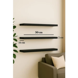 50 cm 3lü Mat Siyah Mdf Uçan Duvar Rafı Gizli Bağlantı Kitaplık