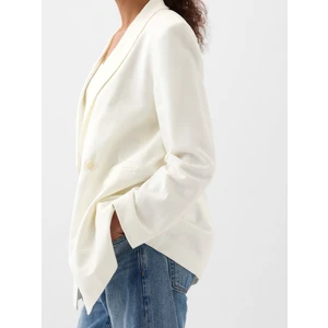 Kadın Kırık Beyaz Keten-Pamuk Kemerli Blazer