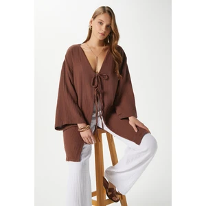Kadın Sandra %100 Pamuk Müslin Bağcıklı Kahvrengi Kimono