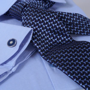 Gök Mavi Kendinden Çizgili Hediyelik Kutulu Duble Manşet Gömlek Kol Düğmesi ve Kravat Seti