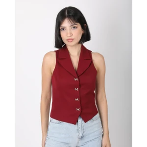 Kadın Bordo Fiyonk Düğmeli Blazer Yelek