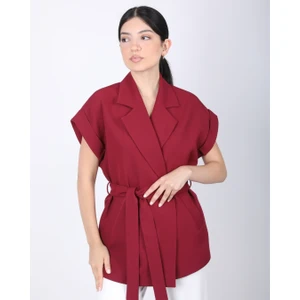 Kadın Bordo Düşük Omuzlu Oversize Kuşaklı Yelek